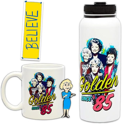 Golden Girls Coffee Mug and Stainless Steel Water Bottle Set - Bundle of 11oz Ceramic Coffee Cup, 34oz Bottle, Enamel Pin, More | Golden Girls Gifts