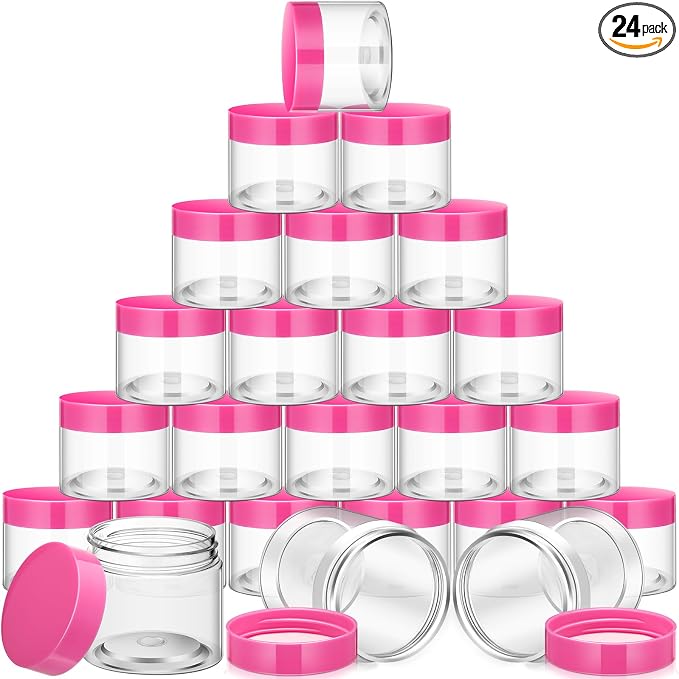 SATINIOR 24 Pieces Empty Clear Plastic Jars with Lids Round Storage Containers Wide Mouth for Beauty Product Cosmetic Cream Lotion Liquid Butter Craft and Food(Pink Lid,4 oz)