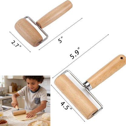 Small Rolling Pin Set of 2 - Mini Wooden Dough Roller with Ergonomic T-Handle for Baking, Pizza, Pasta & Crafts, Natural Solid Wood (5.4" & 6.3")