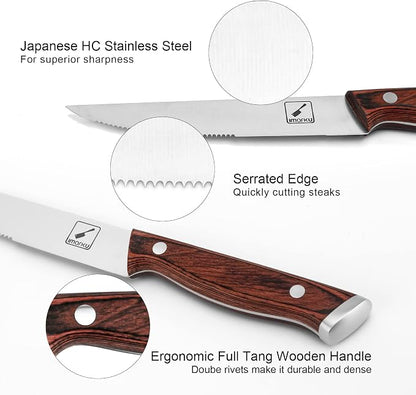 imarku 9" Steak Knife Set of 6, Japanese High Carbon Stainless Steel, Serrated Edge Glides Through Steak, No Sharpening, For 6 Guests, Complements Any Table