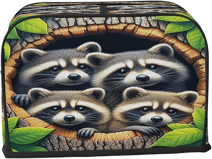 Animal Raccoon Toaster Cover 4 Slice Wide Slot Washable Toaster Covers | Cute Art Dust and Fingerprint Protection Bread Maker Covers for Kitchen Accessories Decor Bakeware Women Gift