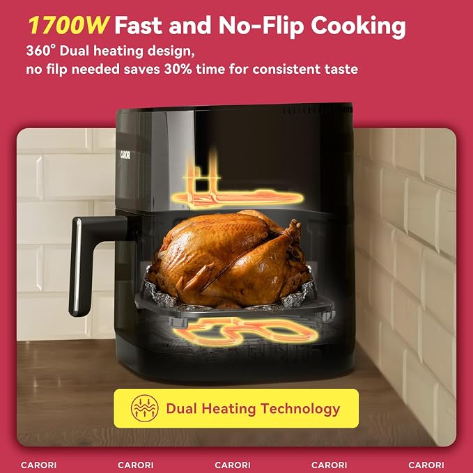 CARORI 6 Qt Dual Heat Air Fryer with Viewing Window, 14 Presets, 1700W, No-Flip Top and Bottom Heating, 392°F Max, Nonstick Dishwasher-Safe Basket, Black