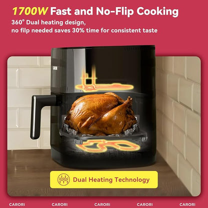 CARORI 6 Qt Dual Heat Air Fryer with Viewing Window, 14 Presets, 1700W, No-Flip Top and Bottom Heating, 392°F Max, Nonstick Dishwasher-Safe Basket, Black
