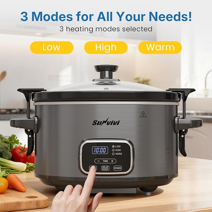 4QT Slow Cooker, Programmable Pot with Removable Ceramic Pot, Locking Lid, 3 Heating Settings & Time Control,Dishwasher-safe Lid & Pot, Grey