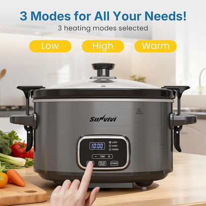 4QT Slow Cooker, Programmable Pot with Removable Ceramic Pot, Locking Lid, 3 Heating Settings & Time Control,Dishwasher-safe Lid & Pot, Grey