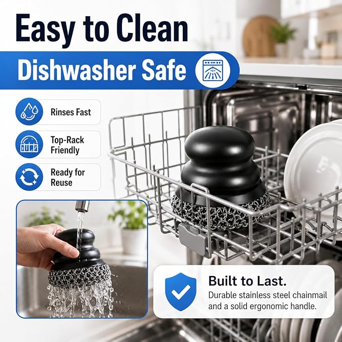 Cast Iron Scrubber and Scraper, Chain Mail Scrubber Cast Iron for Cleaning Dishes, Stock Pots, Pans, Griddles, Grills, Dish Scouring Pads