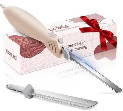 Prikoi Electric Knife - Carving Knife Set, Easy-Slice Serrated Edge Blades for Meat, Bread, Fillet, DIY, Ergonomic Handle + 2 Blades New Upgrade (White)