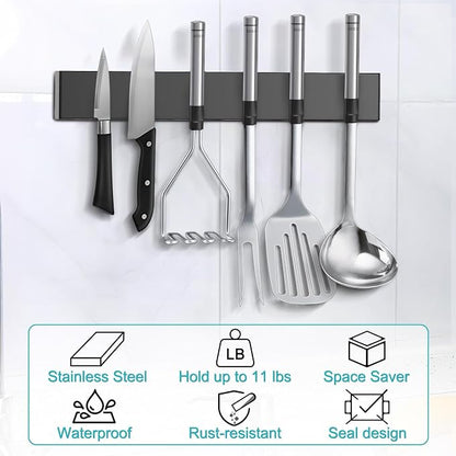 Magnetic Knife Holder for Wall with 3 Hooks, No Drilling Magnetic Knife Strip Adhesive Knife Holder Magnet Knife Bar, Wall Mount Knife Rack Block Metal Tool Holder for RV Kitchen Organization, 10 Inch