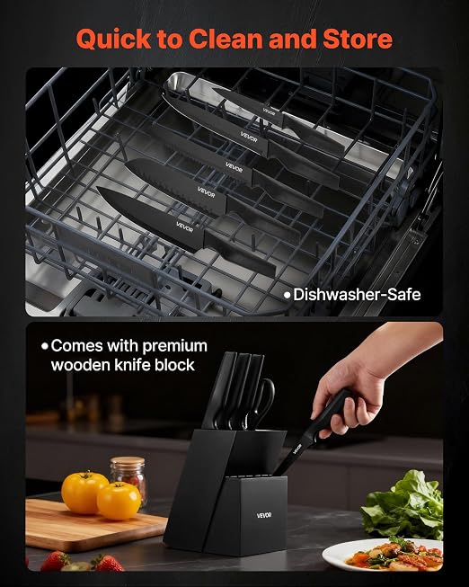 VEVOR Kitchen Knife Set with Block and Sharpener, 15 Piece German High Carbon Stainless Steel Knife Set, Kitchen Cutlery with PP Ergonomic Handle, Sharpening Rod and Wooden Block, for Home Cooks