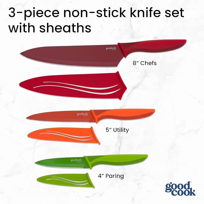 GoodCook Knife Set High Carbon Stainless Steel Kitchen Knives with Nonstick Finish Slip Resistant Grips and Protective Sheaths, Set Includes Paring Utility and Chef's Knives, 3-Piece Set, Multicolor