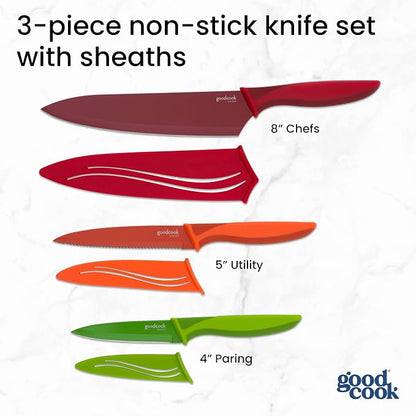 GoodCook Knife Set High Carbon Stainless Steel Kitchen Knives with Nonstick Finish Slip Resistant Grips and Protective Sheaths, Set Includes Paring Utility and Chef's Knives, 3-Piece Set, Multicolor
