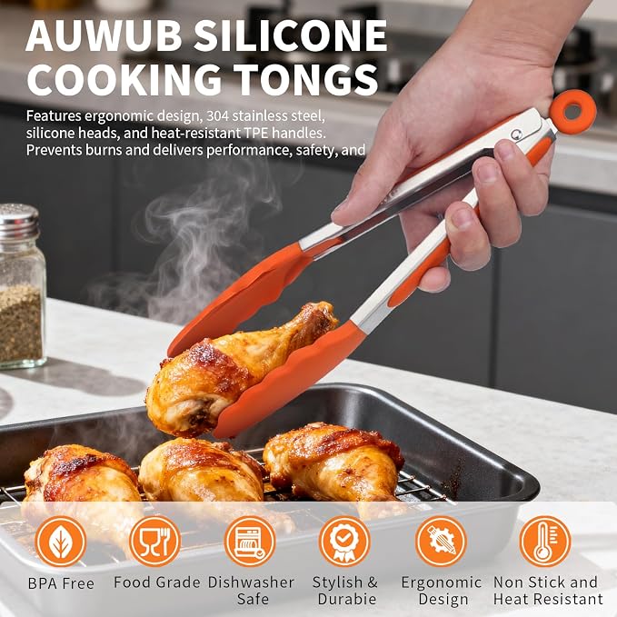 Salad Tongs, 16 Inch Silicone Food Tongs with 304 Stainless Steel Core & Non-Slip Grip in Orange Color
