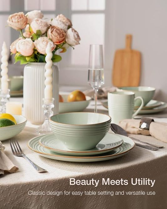 Famiware Jupiter 24-Piece Stoneware Dinnerware Set, Handcrafted Plates and Bowls with Speckles & Embossed Swirls, Chip/Scratch Resistant, Microwave/Dishwasher Safe, Rustic Dishes, Service for 8, Green