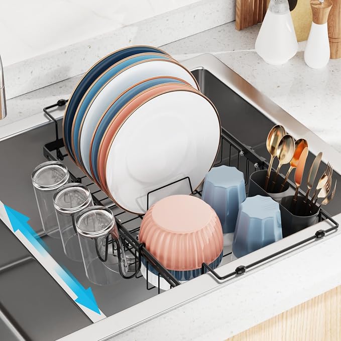 iSPECLE Expandable in Sink Dish Drying Rack with Cup Holder - Rust Resistant Adjustable Over the Sink Dish Drainer with Tightening Knob, Arms with Non Slip Rubber, Fits Sink 12.4"-17.1", Black