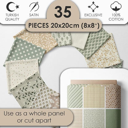 Cotton Satin Patchwork Fabric Panel – 35 Designs, 20×20 cm Squares, Single Piece 150×110 cm, Sage Green & Beige Patchwork Quilt Fabric (Meadow Breeze Patchwork Set, 35pcs 8x8 inch)