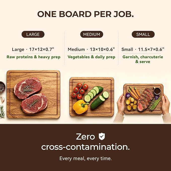 Acacia Wood Cutting Board Set of 3 for Kitchen — Non-Toxic, Kiln-Dried & Pre-Oiled 3x | Warp-Resistant Solid Acacia with Juice Groove, Handles & Anti-Slip Feets | Large Medium Small