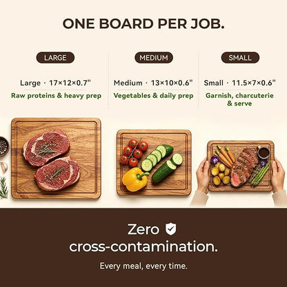 Acacia Wood Cutting Board Set of 3 for Kitchen — Non-Toxic, Kiln-Dried & Pre-Oiled 3x | Warp-Resistant Solid Acacia with Juice Groove, Handles & Anti-Slip Feets | Large Medium Small