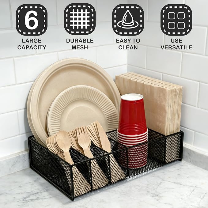 Paper Plate Organizer for Countertop - Metal Utensil Caddy Silverware Holder Cutlery Flatware Plastic Spoon Fork Plates Napkins Cup Storage Dispenser Party Picnic Essentials Camping Supplies