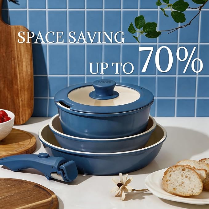 8Pcs Pots and Pans Set Nonstick Ceramic Cookware Set Removable Handle Induction Kitchen Cooking Set with Frying Pans and Sauce Pan, Blue