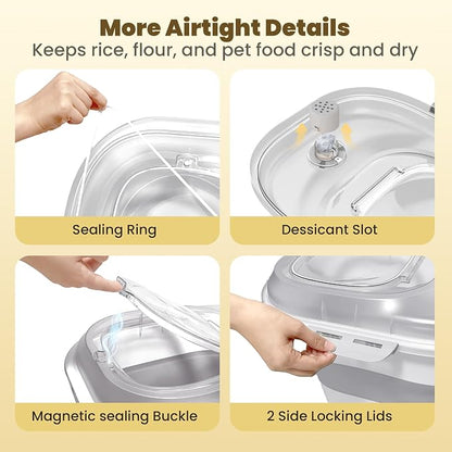 HOYTAMDAR 20-50Lbs Rice Container,Collapsible Food Storage Containers with Airtight Clear Lid,Wheels,Rice Storage Container with Small Bin and Scoop,Rice Dispenser for Dog Cat (Grey2/20-50lbs)