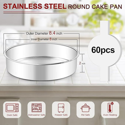 LIANYU 8 Inch Round Cake Pan Set of 2, Stainless Steel Baking Pans with 60 PCS Parchment Paper, Metal Circle Layer Cake Tins for Birthday Christmas Party, Oven & Dishwasher Safe