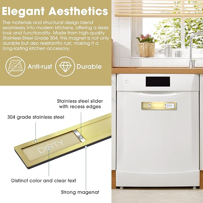 Clean Dirty Magnet for Dishwasher, Premium 304 Stainless Steel Dishwasher Clean Dirty Sign, Modern Kitchen Decor Accessories Organization, Housewarming Gift for Women (Champagne Gold-03)