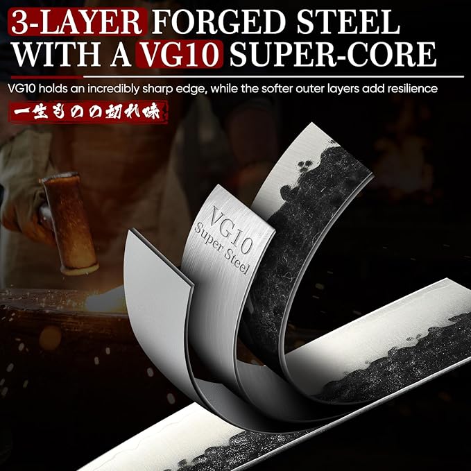 Huusk Kiritsuke Japanese Chef Knife - Hand Forged Japanese Knives with VG10 Steel Core, Ergonomic Handle 8 inch Kitchen Knife for Meat Sashimi Vegetable, Elegant Gift Box, Pro Chef's Choice