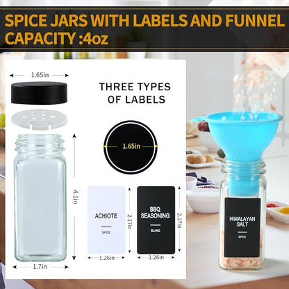 48 Glass Spice Jars with Labels, Spice Jar Set, 4oz Spice Containers, Seasoning Containers with Black Airtight Lids and Shaker Lids, Square Empty Spice Bottles, 492 Labels, 1 Funnel