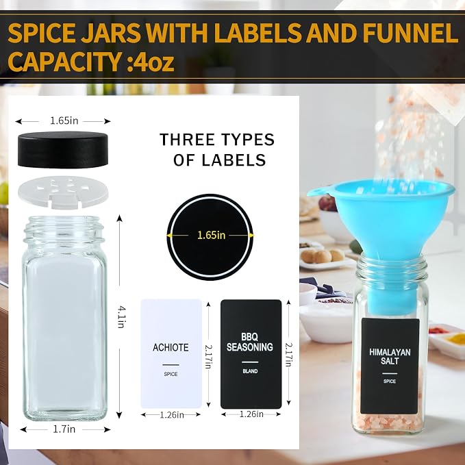 24 Glass Spice Jars with Labels, Spice Jar Set, 4oz Spice Containers, Seasoning Containers with Black Airtight Lids and Shaker Lids, Square Empty Spice Bottles, 492 Labels, 1 Funnel