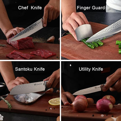 Kitchen Knife Set German Stainless Steel 3Pcs Knife Set High Carbon Chef Knife Ergonomic Colour Wood Handle With Finger Guard and Christmas Gift Box (Sliver)