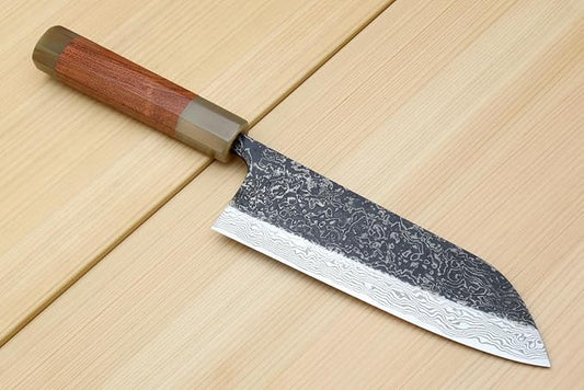Yoshihiro Black-Forged Polished High Performance SLD Damascus Steel Santoku Multipurpose Knife (7'' (180mm), Ironwood Handle) (No Saya)