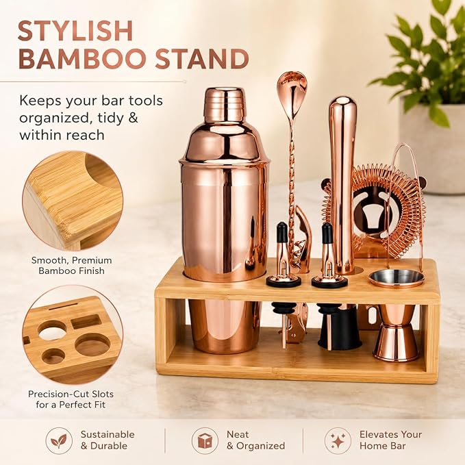 Rose Gold Cocktail Shaker Set, Premium 18/8 Stainless Steel Mixology Bartender Kit with Stylish Bamboo Stand 10-Piece Bar Tools & Accessories for Home Decor - Gift for Women, Mom, Wedding