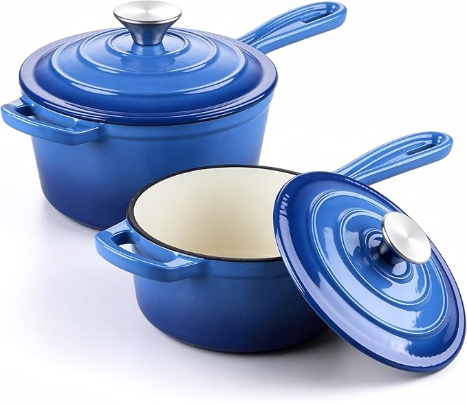 E-far 1Qt & 2Qt Sauce Pan Set, Enameled Cast Iron Saucepans Pot with Self-basting Lids, Heavy Duty Small Dutch Oven for Stove, Induction-Ready & Easy Clean, Deep Blue
