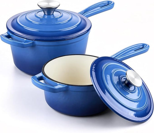 E-far 1Qt & 2Qt Sauce Pan Set, Enameled Cast Iron Saucepans Pot with Self-basting Lids, Heavy Duty Small Dutch Oven for Stove, Induction-Ready & Easy Clean, Deep Blue
