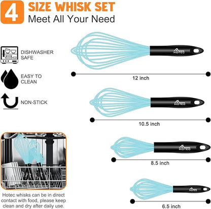 HOTEC 4 Pieces Silicone Whisks Set, Wire Balloon Whisks for cooking Egg Beater, Non-slip Handle Whisk for Non-stick Cookware Perfect for Cooking, Stirring, Beating and Blending,Blue