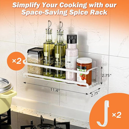 Bunoxea Spice Rack Wall Mounted 2 Pack, White,For Spice Jars & Seasonings | 2 Removalble Hooks,Screw or Adhesive Hanging, Space-Saving,For Kitchen Cabinet, Pantry Door,Stove,RV Use,11.41x2.75x2.75in