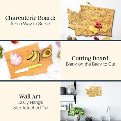 Totally Bamboo Destination Washington Shaped Cutting Board – Bamboo Charcuterie and Serving Board with Hang Tie for Wall Display