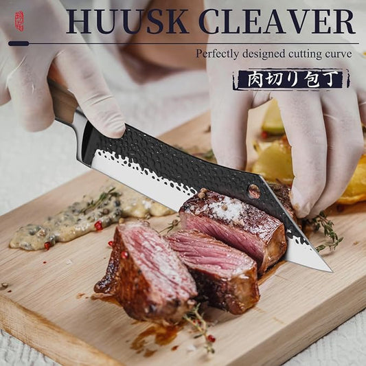Huusk Grilling Gifts for Men Meat Cleaver Butcher Knife Hand Forged High Carbon Japanese Viking Carving Knives for Slicing BBQ 8.3 inch