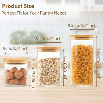 TBWIND 6 Pack Square Glass Storage Containers with Bamboo Lids (24oz/37oz/51oz) – Clear Food Airtight Canisters Sets for The Kitchen, Glass Jars for Coffee Beans, Coffee, Flour, Snacks, Spices