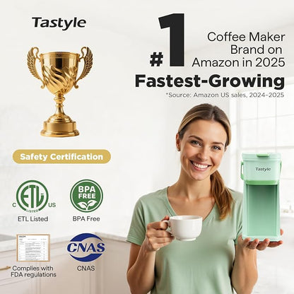 Tastyle Single Serve One Cup Coffee Maker, for K Cups and Grounds, Mini Coffee Maker with Portable Handle, 6 to 12 Oz Brew Size, for Travel, Camping, Office, RV and Dorm, 120V, Oasis