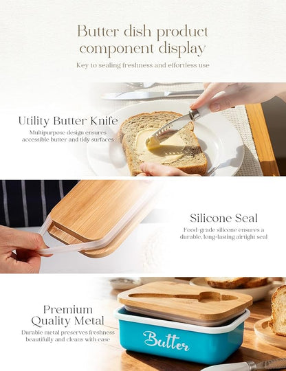 Butter Dish, Butter Dish with Lid for Countertop,Metal Butter Keeper with Stainless Steel Multipurpose Butter Knife, Large Butter Container with quality Silicone Good Kitchen Gift,Lake Bue
