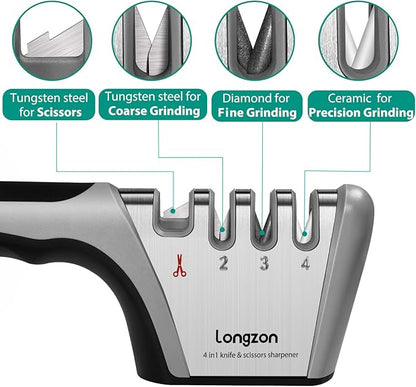 Longzon 5-in-1 Knife Sharpener 4 Stage with Cut-Resistant Glove, Quickly Sharpens & Restores Dull Blades, Easy & Safe for Home Kitchen Use, Fits Most Knives and Scissors, Black+Silver