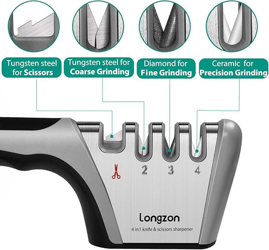 Longzon 5-in-1 Knife Sharpener 4 Stage with Cut-Resistant Glove, Quickly Sharpens & Restores Dull Blades, Easy & Safe for Home Kitchen Use, Fits Most Knives and Scissors, Black+Silver