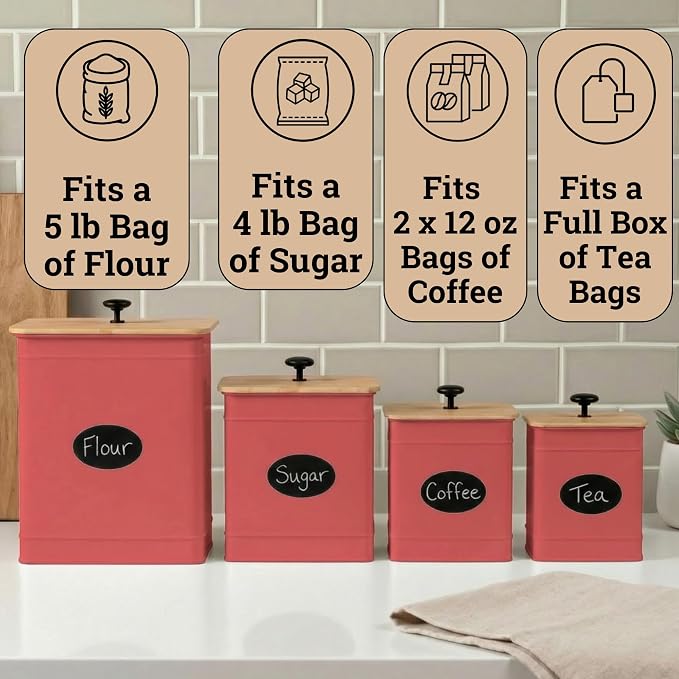 Kitchen Canisters for Countertop Set of 4 with Customizable Chalkboard Labels & Marker Pen - Big Iron Kitchen Canister Set with Airtight Lids - Red Canisters - Sugar Tea Coffee Containers Sets