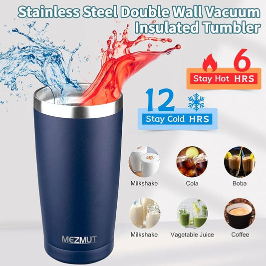 MEZMUT 20oz Tumbler Coffee Travel Mug with Daul Lid and Straw, Stainless Steel Double Wall Vacuum Spill Proof Insulated Tumbler, Hot or Iced Coffee Cups for Drinks (1Pack, Navy Blue)