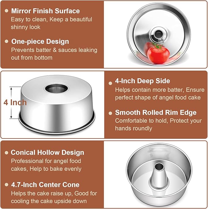 P&P CHEF Angel Food Cake Pan, 10 Inch Cake Pan Round Baking Tube Tin for Baking Pound Cakes, Conical Hollow & One-piece Design, Stainless Steel Core & Heavy-duty, Oven Safe - Silver