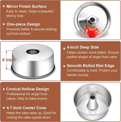 P&P CHEF Angel Food Cake Pan, 10 Inch Cake Pan Round Baking Tube Tin for Baking Pound Cakes, Conical Hollow & One-piece Design, Stainless Steel Core & Heavy-duty, Oven Safe - Silver