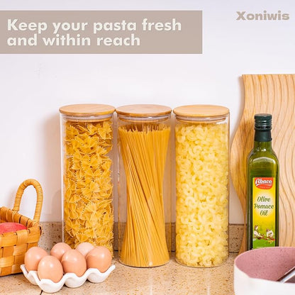 3-Pack 2Qt Round Glass Spaghetti Jars with Bamboo Lids | Minimalist Kitchen Organizer,Scandinavian Style Storage,Nordic Style Storage,Food Storage Canister for Pasta, Penne, Macaroni