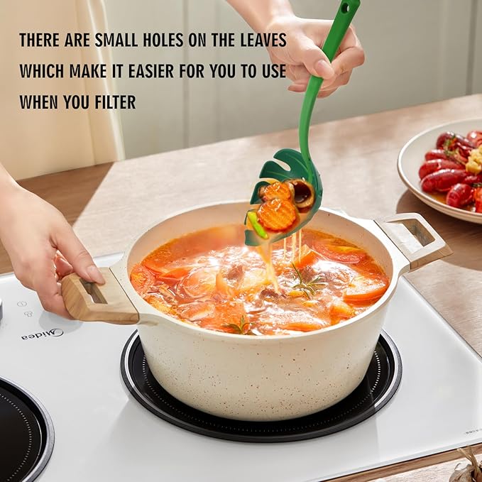 Green Leaf Kitchen Spoon, Turtle Back Design for Noodles and Vegetables, Nonstick Cooking Utensil with Drainage Hole, 3 Pack