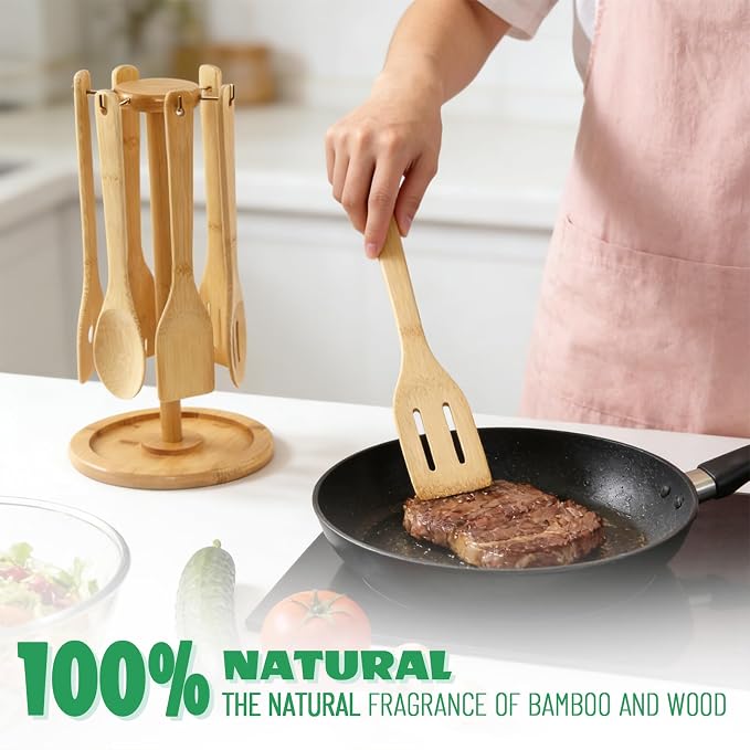 7 Piece Bamboo Wooden Kitchen Cooking Utensils Set Spoons for Eating Appliances and Gadgets with Holder, Home and Kitchen Essentials Gifts for People Who Love to Cook